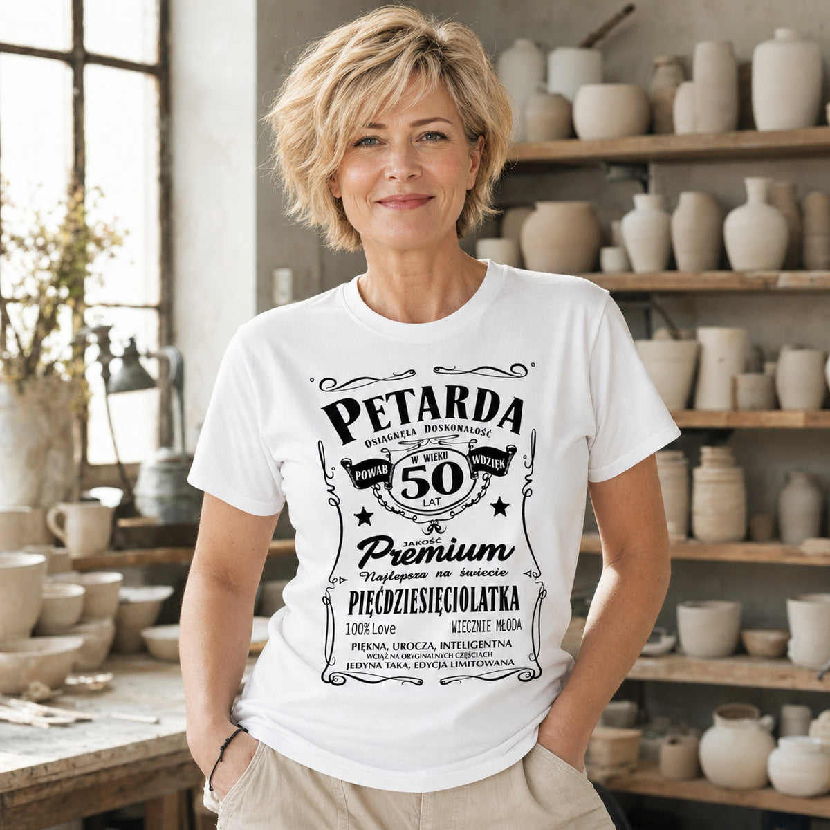Koszulka Petarda 50 Lat Pięćdziesięciolatka w kolorze białym - kobieta w pracowni ceramiki, prezent na 50 urodziny dla kobiety