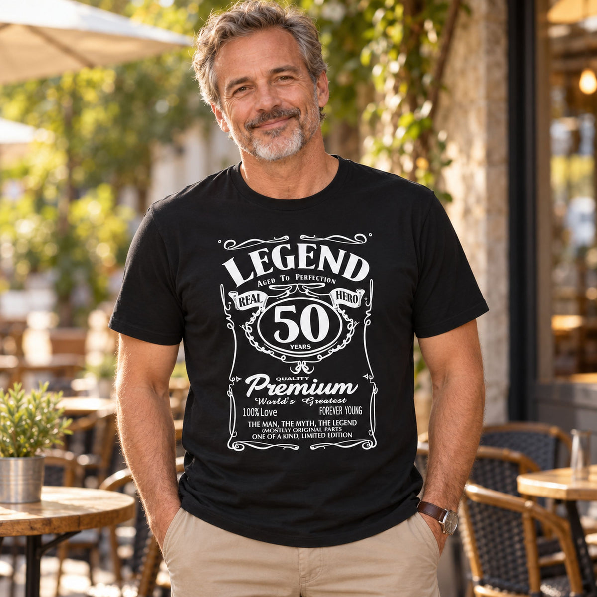 Legend 50 Years Real Hero t-shirt in black - man outside a café, 50th birthday gift for him