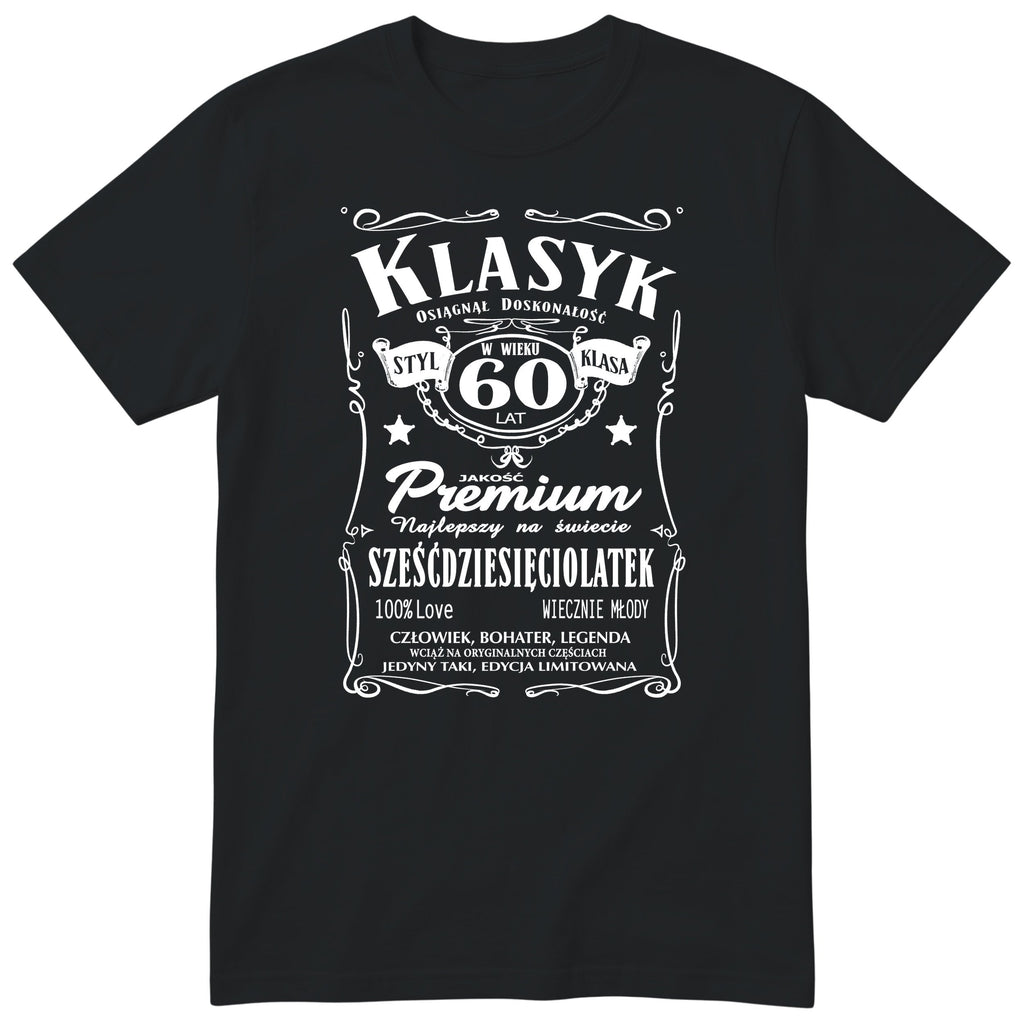 Śmieszna polska koszulka urodzinowa na 60 lat dla mężczyzny - vintage label design Klasyk Człowiek Bohater Legenda