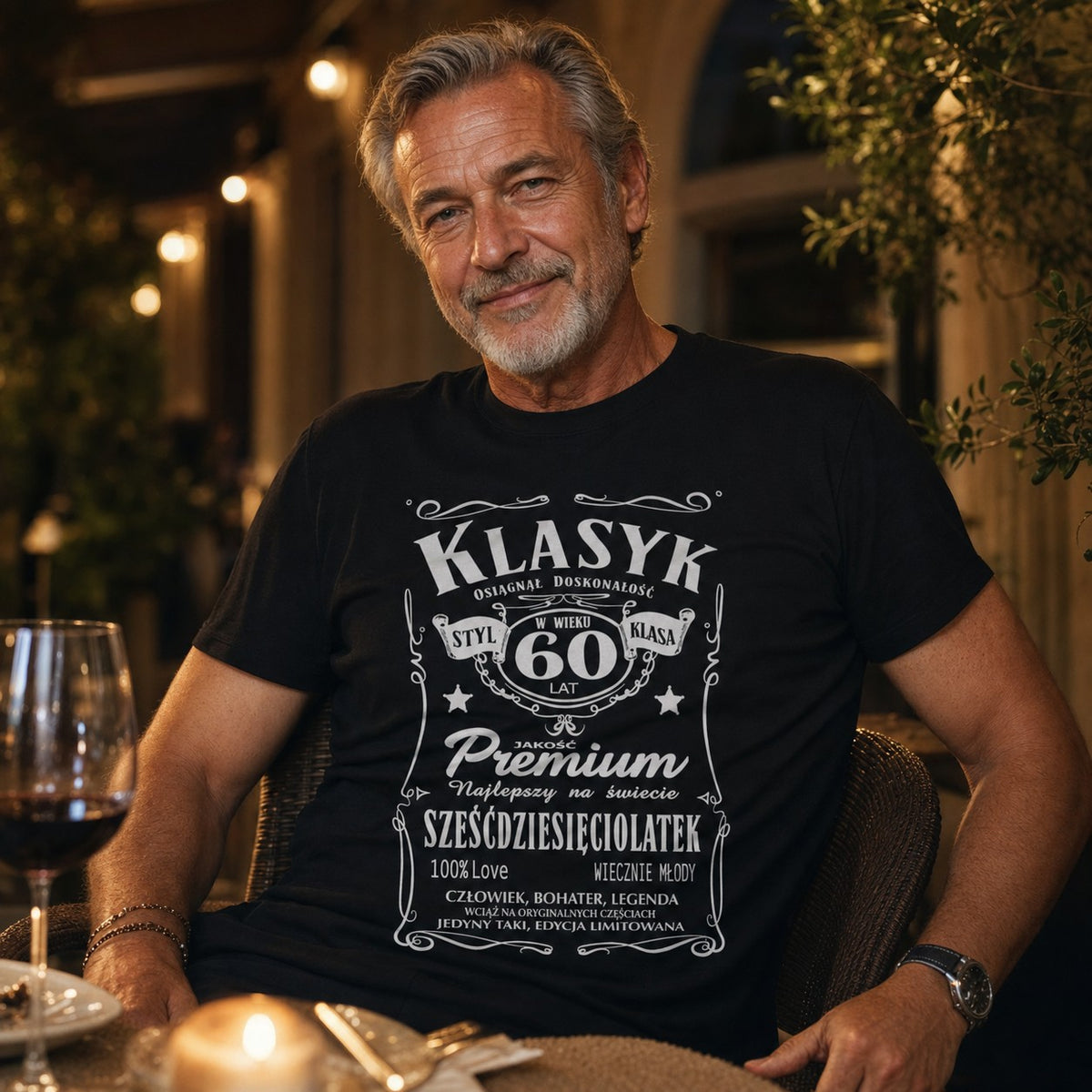 Koszulka Klasyk 60 Lat Sześćdziesięciolatek w kolorze czarnym - mężczyzna przy kolacji wieczorem, prezent na 60 urodziny dla mężczyzny