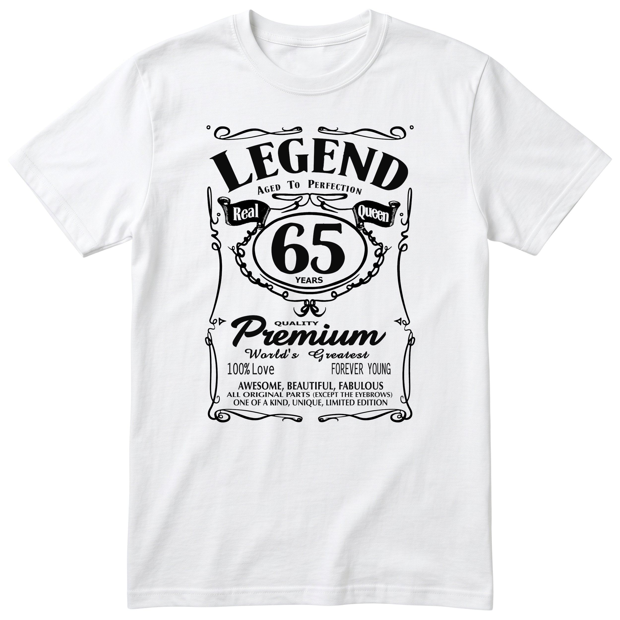 Legend Real Queen 65th birthday t-shirt for women in white - Gildan 64000 vintage label