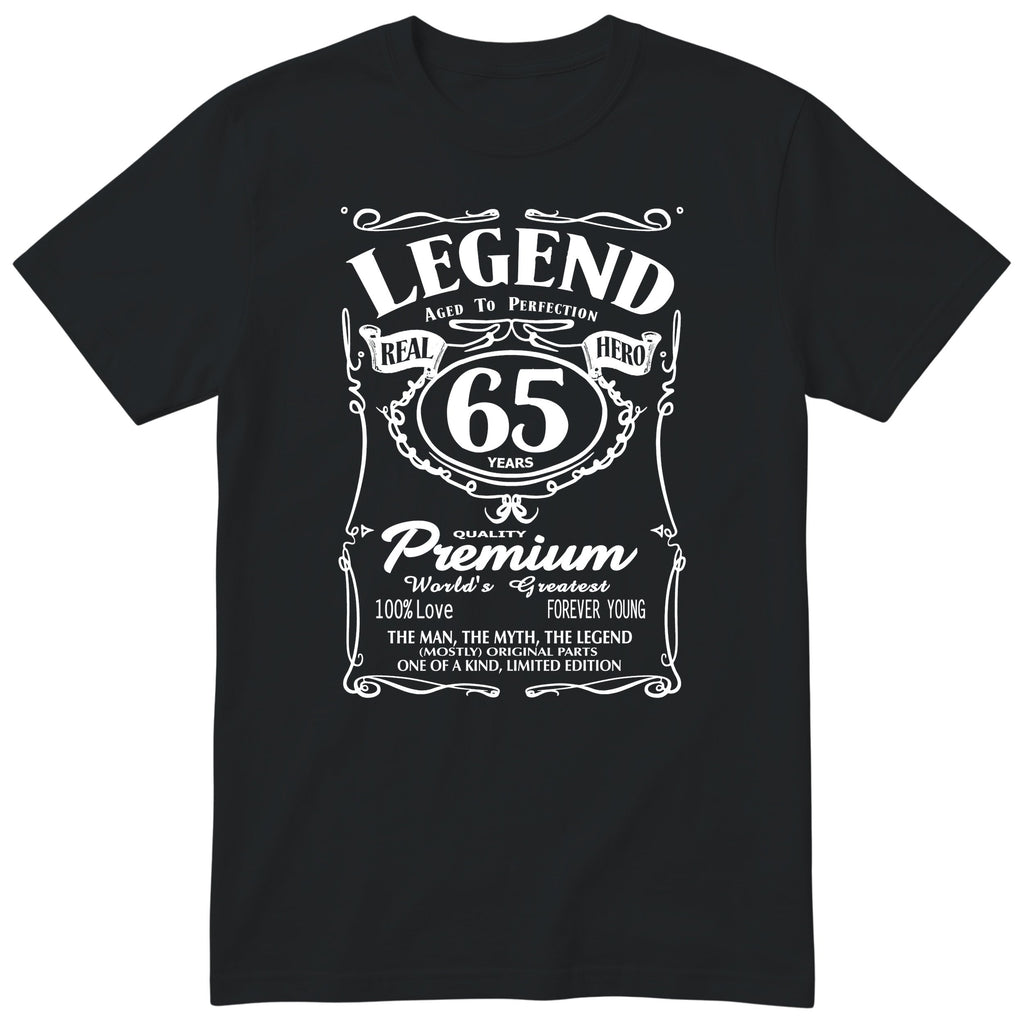 Legend 65th Birthday T-Shirt - Retro Label Gift for Dad - Black