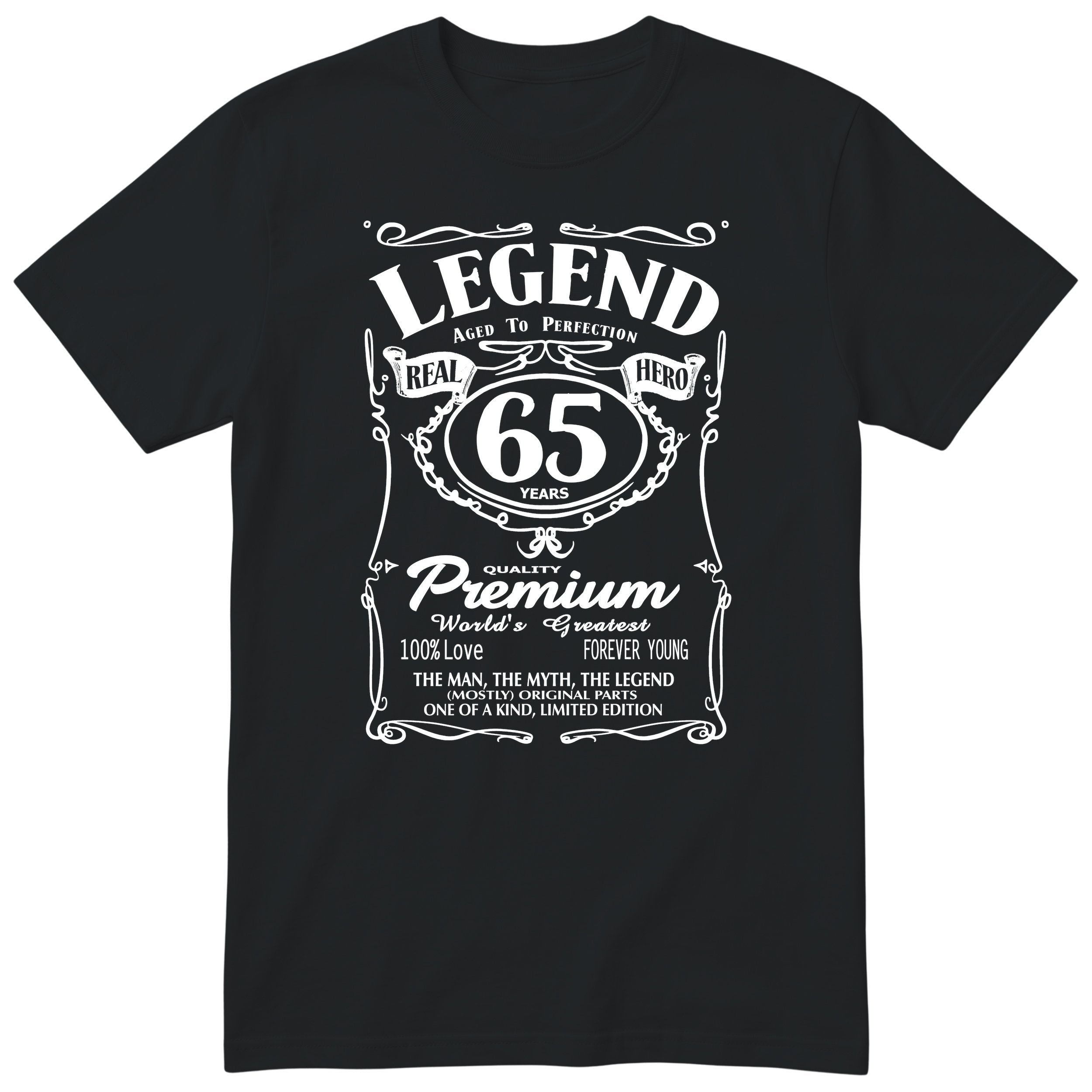 Legend 65th Birthday T-Shirt - Retro Label Gift for Dad - Black