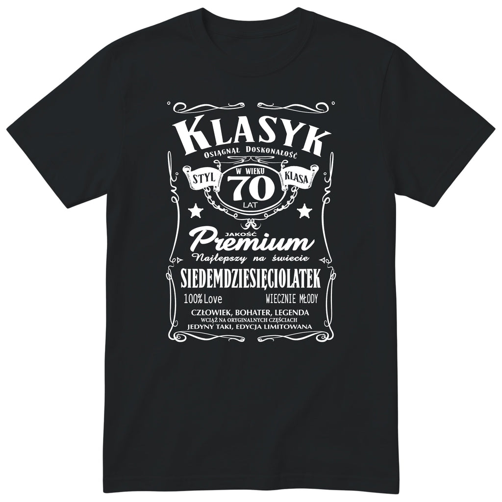 Śmieszna polska koszulka urodzinowa na 70 lat dla mężczyzny - vintage label design Klasyk Człowiek Bohater Legenda