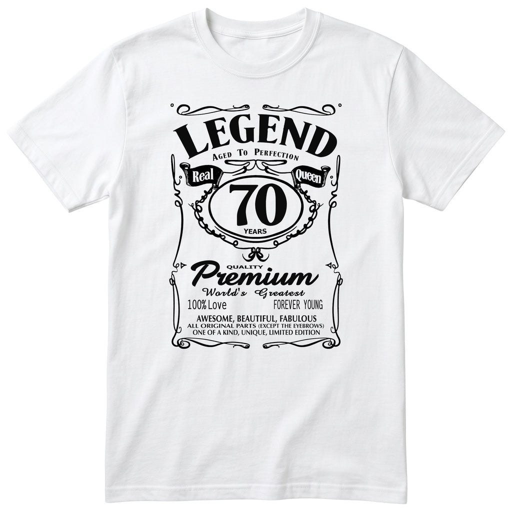 Legend Real Queen 70th birthday t-shirt for women in white - Gildan 64000 vintage label