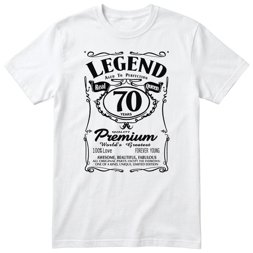White unisex T-shirt with Real Queen Legend 70 years retro label printed on the front