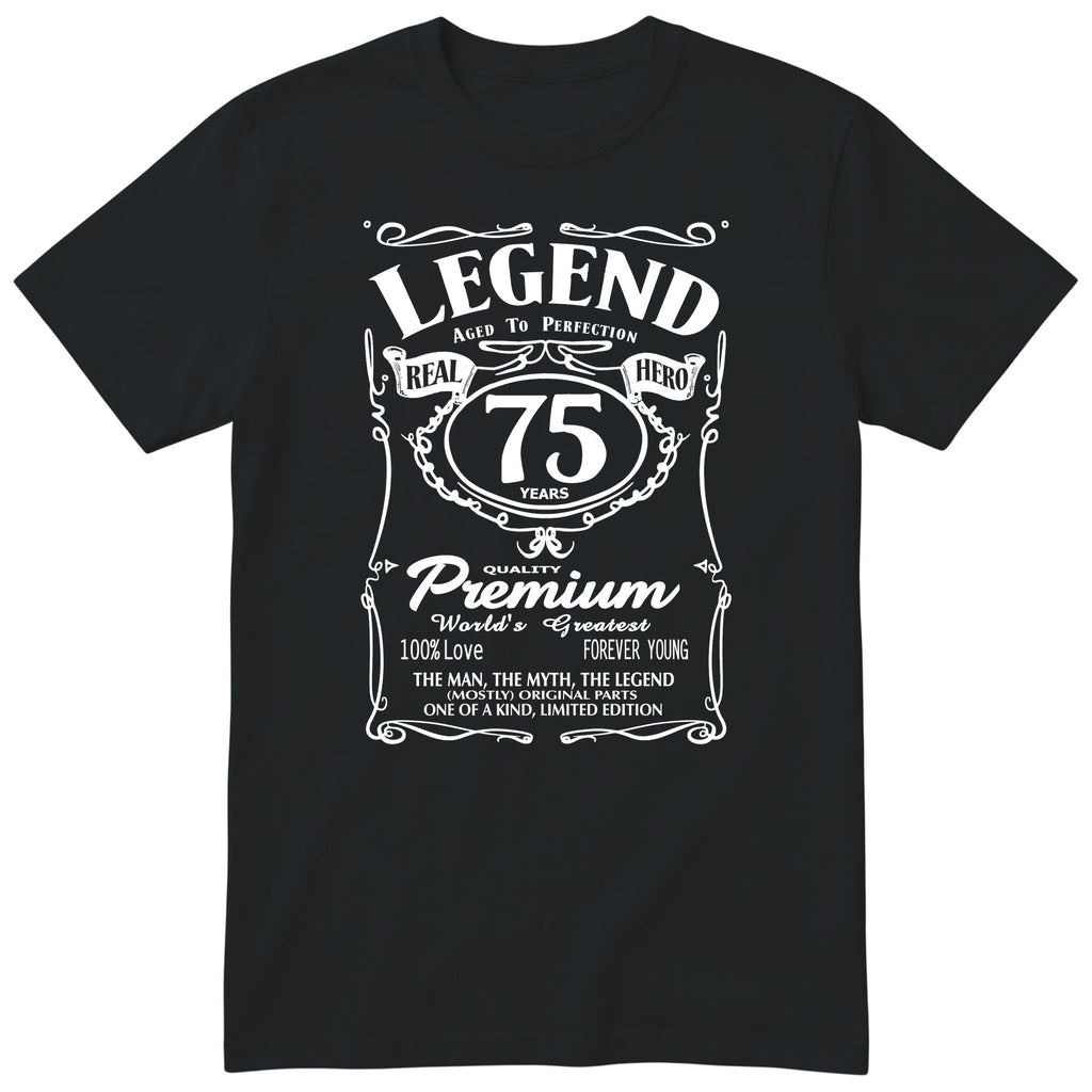 Legend 75th Birthday T-Shirt - Retro Label Gift for Grandad - Black