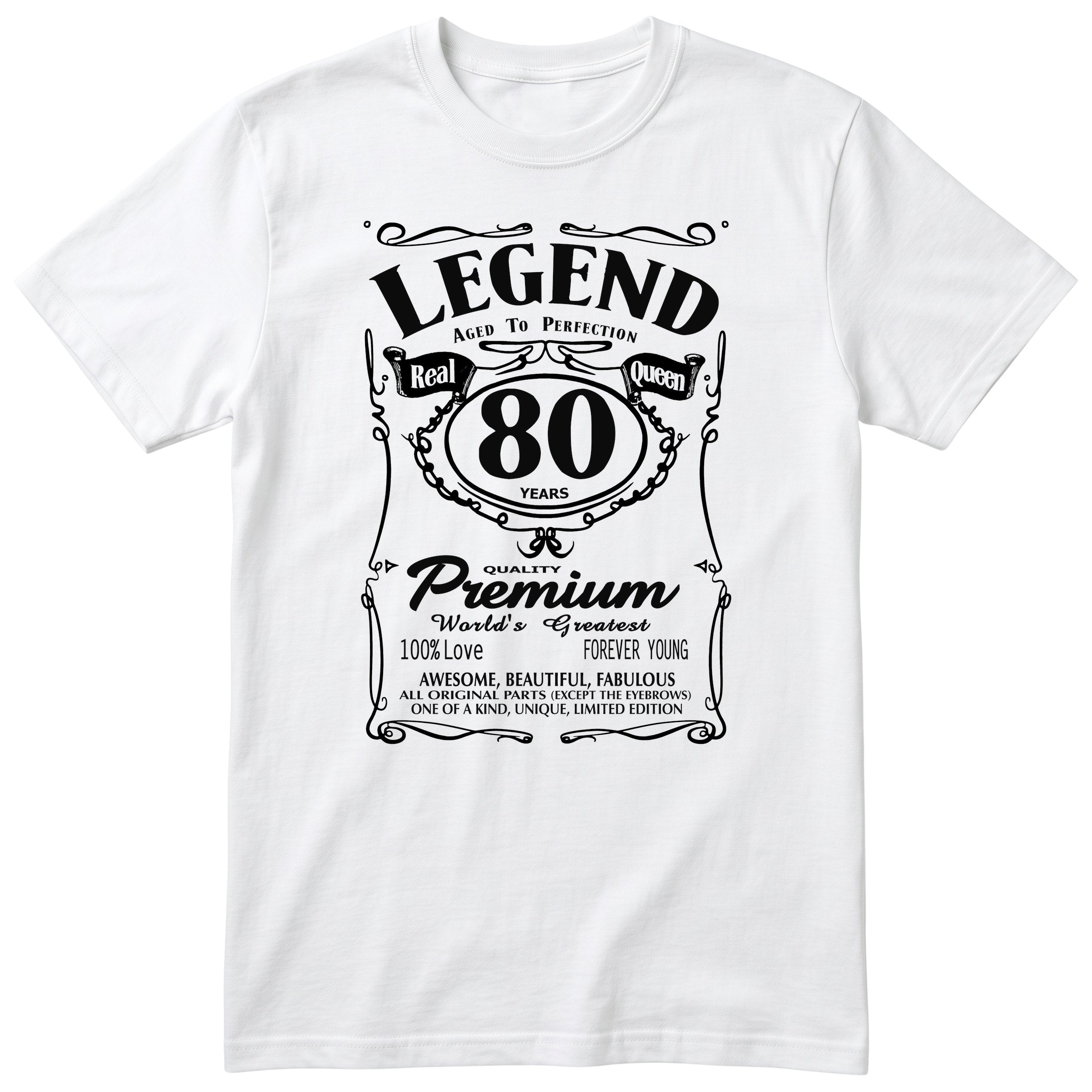 Legend Real Queen 80th birthday t-shirt for women in white - Gildan 64000 vintage label