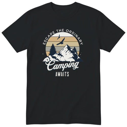 Black Camping Awaits t-shirt - camping gift, unisex, English print