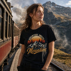 Adventure Awaits Explore the Mountains t-shirt in black - woman by a mountain railway, gift for hikers