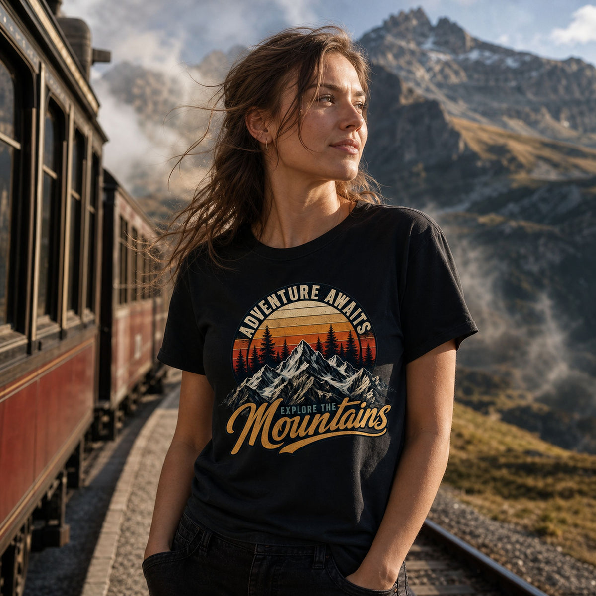 Adventure Awaits Explore the Mountains t-shirt in black - woman by a mountain railway, gift for hikers