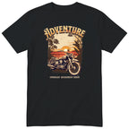 Black Adventure Sunday Morning Ride motorcycle t-shirt - vintage motorcycle by the sea at sunrise, palm trees and birds, gift for a biker