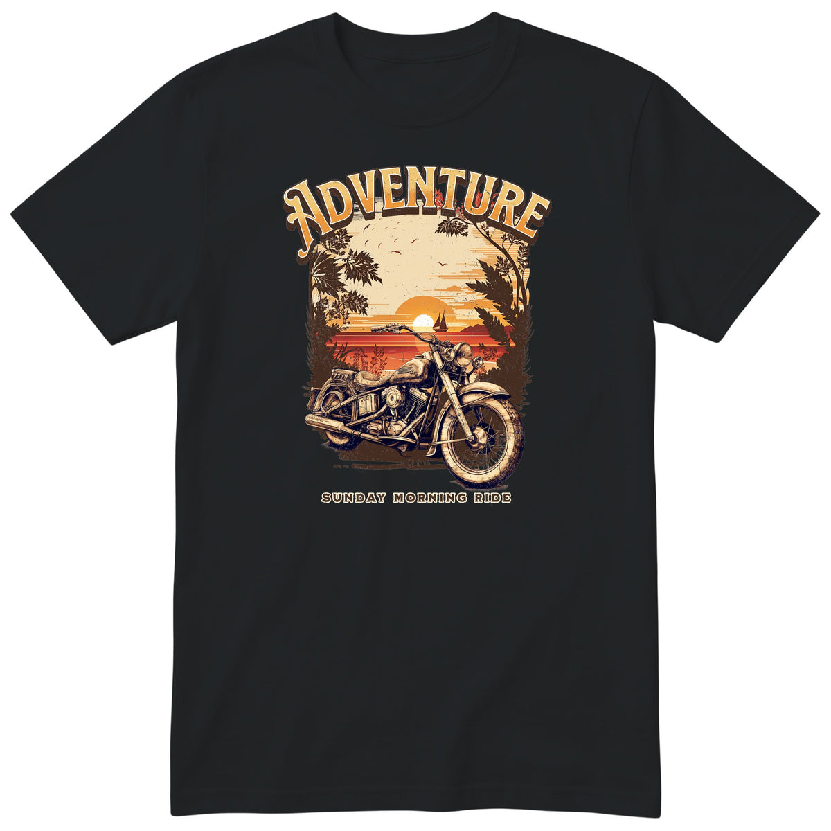 Black Adventure Sunday Morning Ride motorcycle t-shirt - vintage motorcycle by the sea at sunrise, palm trees and birds, gift for a biker
