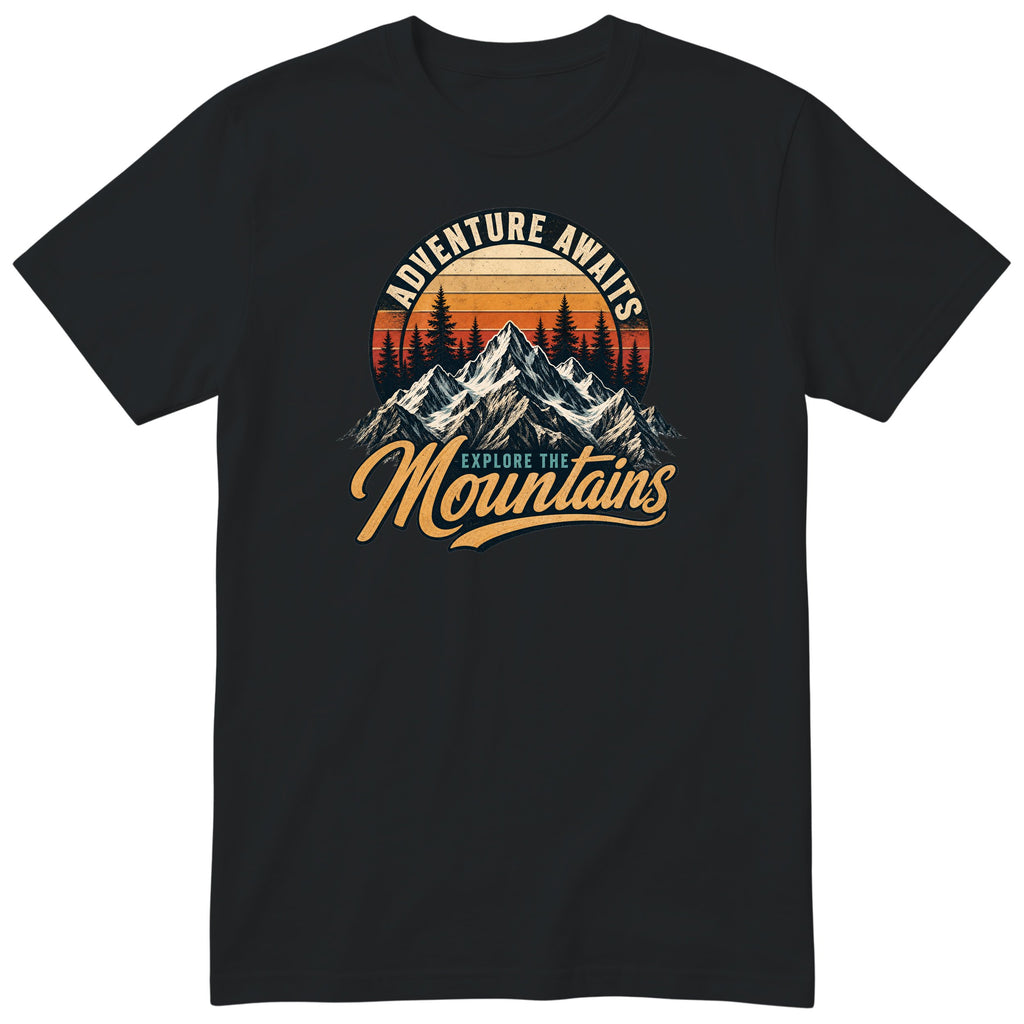 Black Adventure Awaits t-shirt - retro mountain hiking print, GitGraf