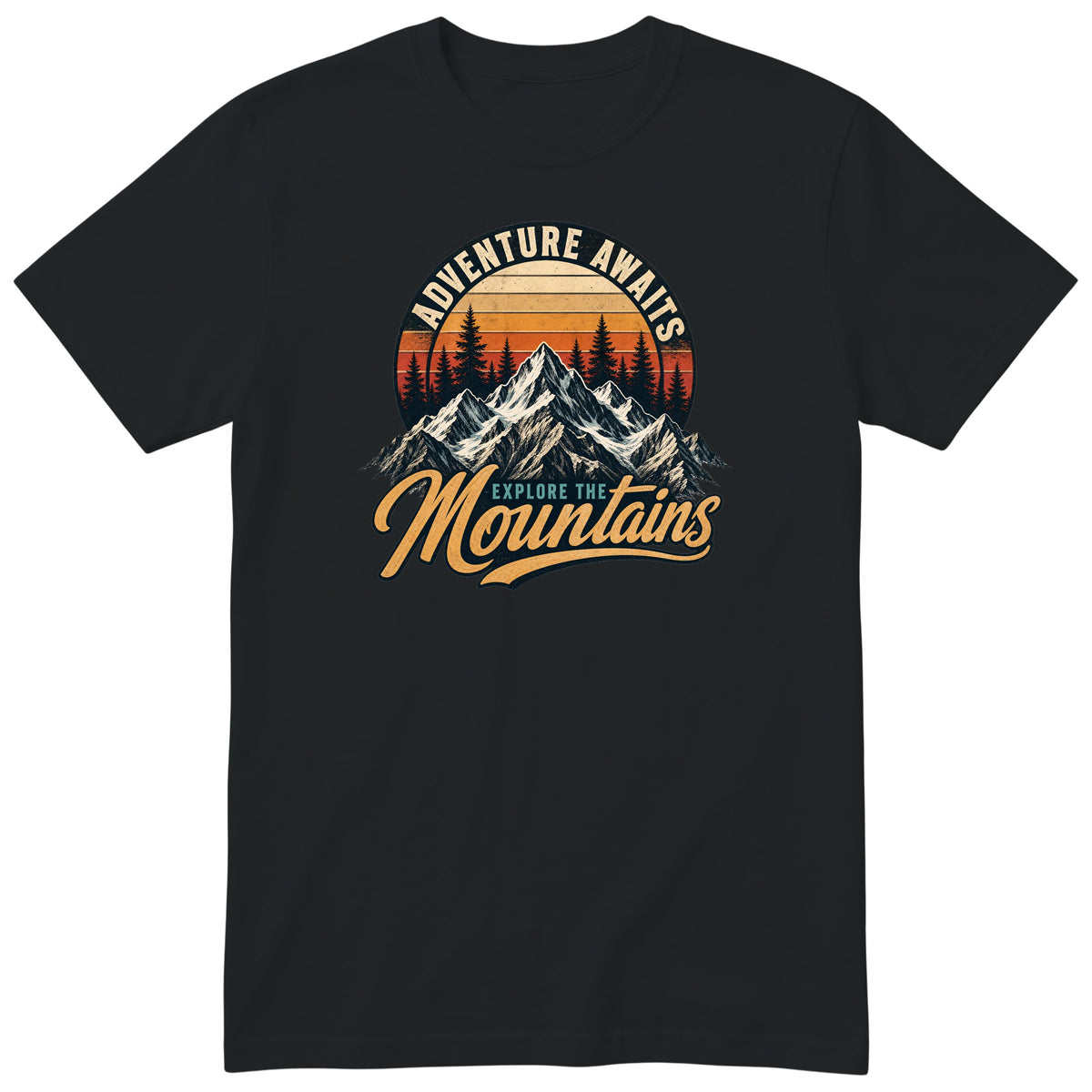 Black Adventure Awaits t-shirt - retro mountain hiking print, GitGraf