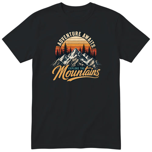 Black Adventure Awaits t-shirt - retro mountain hiking print, GitGraf
