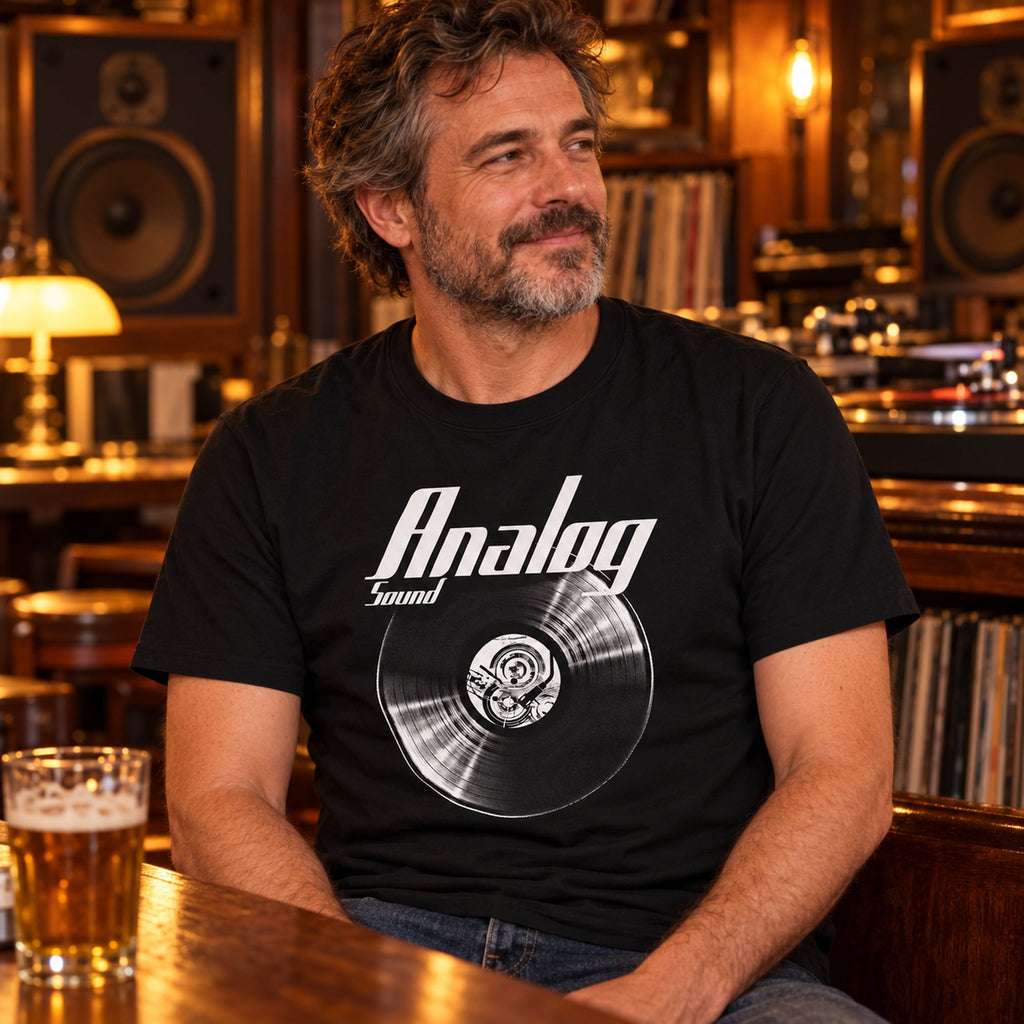 Analog Sound Vinyl Records t-shirt in black - man at a pub table with a pint, speakers and a tape deck behind him, gift for audiophiles and vinyl lovers