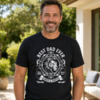 Best Dad Ever lion t-shirt in black - smiling man on a garden terrace, gift for dad