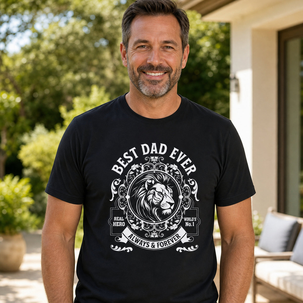 Best Dad Ever lion t-shirt in black - smiling man on a garden terrace, gift for dad