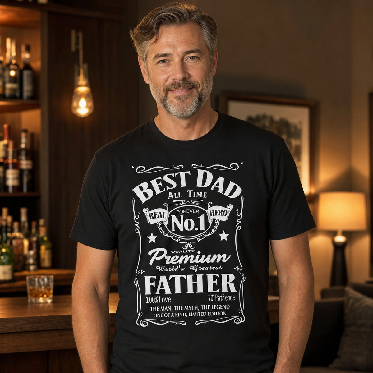 Best Dad Real Hero t-shirt in black - man in a cosy home bar, gift for dad