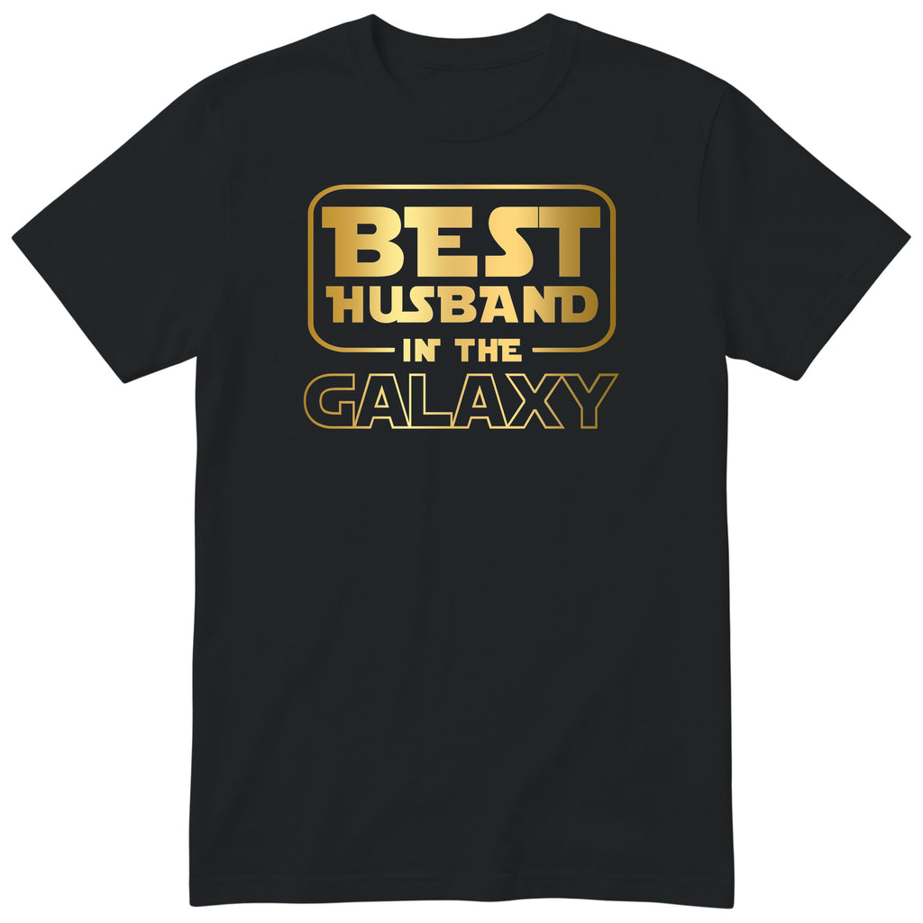 Black Best Husband In The Galaxy t-shirt with gold space-age lettering - anniversary gift for husband from wife, English print