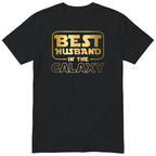 Black Best Husband In The Galaxy t-shirt with gold space-age lettering - anniversary gift for husband from wife, English print