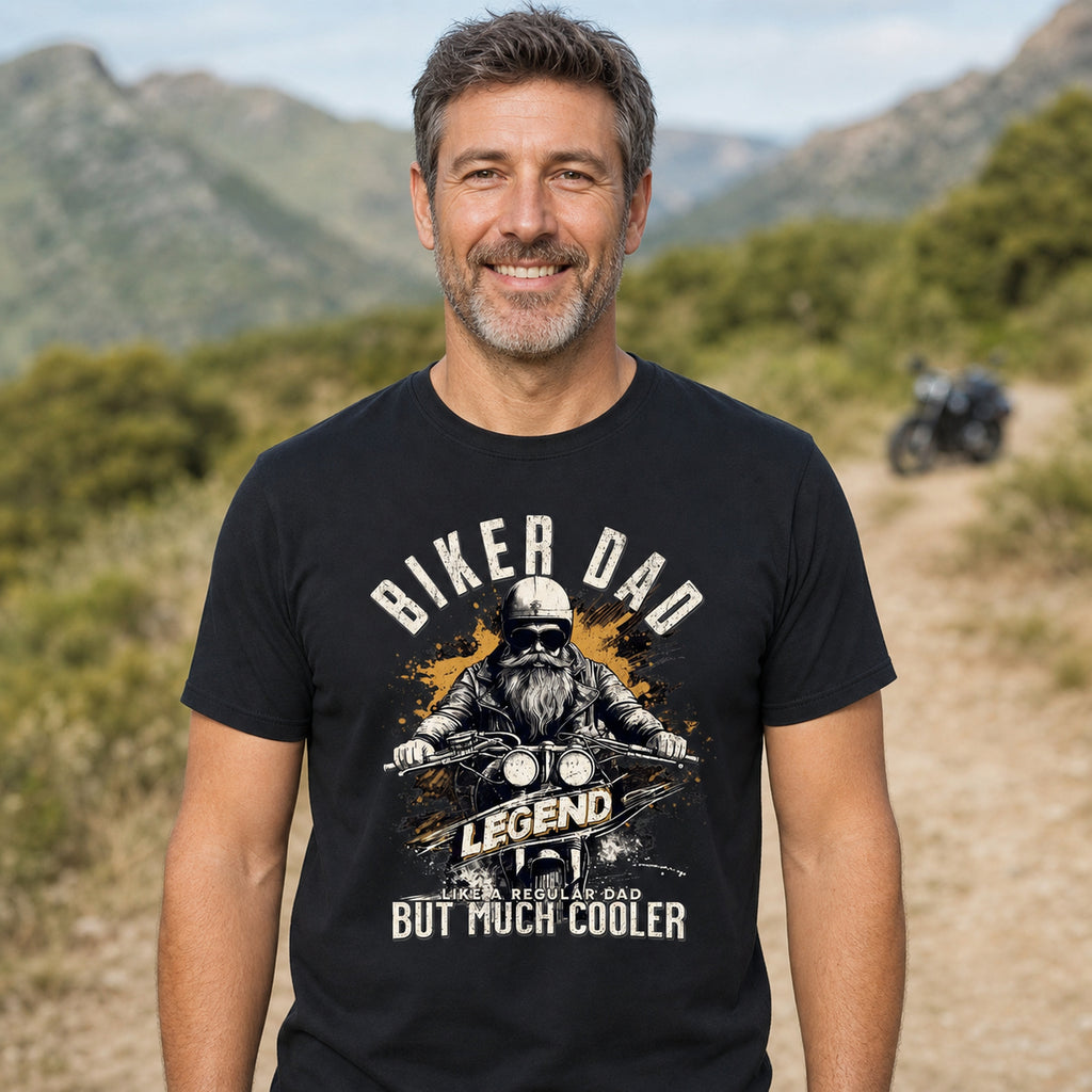 Biker Dad Legend t-shirt in black - smiling man on a mountain trail with a motorcycle behind, gift for a biker dad