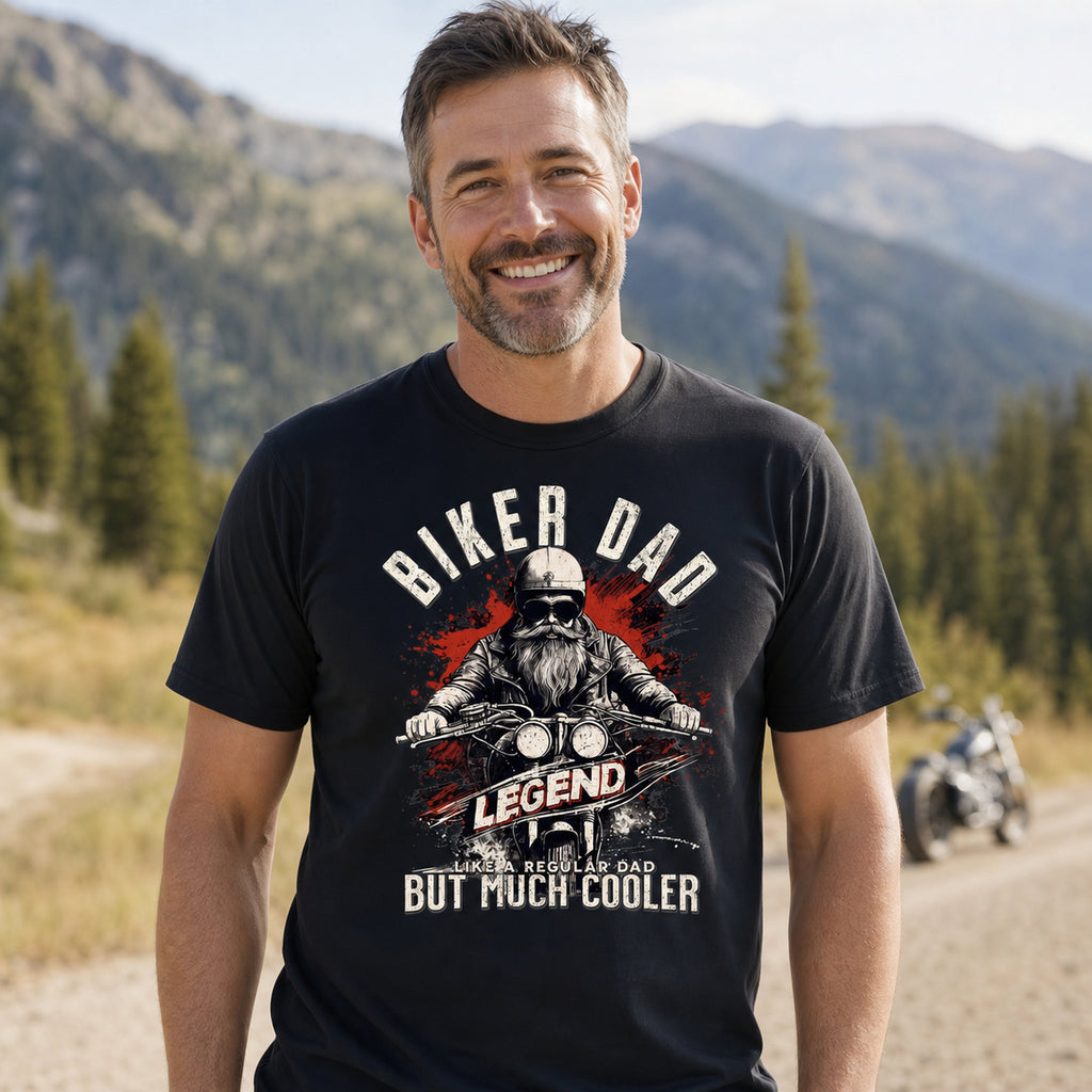 Biker Dad Legend t-shirt in black - smiling man on a mountain road with a motorcycle, gift for a biker dad