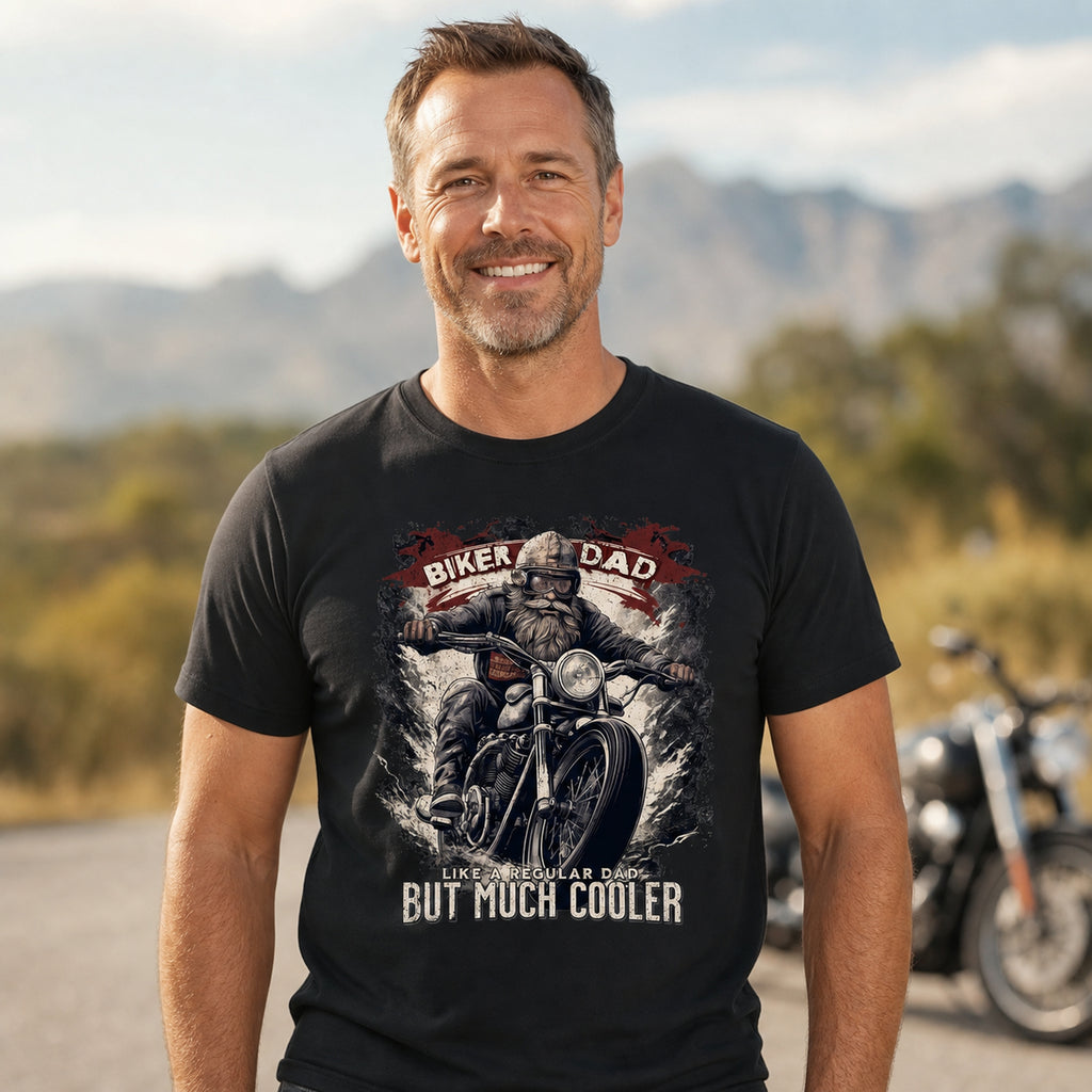 Biker Dad t-shirt in black - smiling man by a mountain road with motorcycles, gift for a biker dad