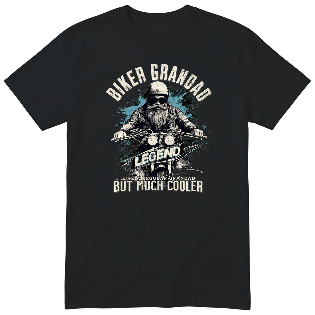 Black Biker Grandad Legend T-Shirt t-shirt - bearded biker in a helmet and sunglasses on a motorcycle, the word LEGEND and a blue paint splash, gift for grandad