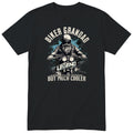 Black Biker Grandad Legend T-Shirt t-shirt - bearded biker in a helmet and sunglasses on a motorcycle, the word LEGEND and a blue paint splash, gift for grandad