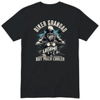 Black Biker Grandad Legend T-Shirt t-shirt - bearded biker in a helmet and sunglasses on a motorcycle, the word LEGEND and a blue paint splash, gift for grandad