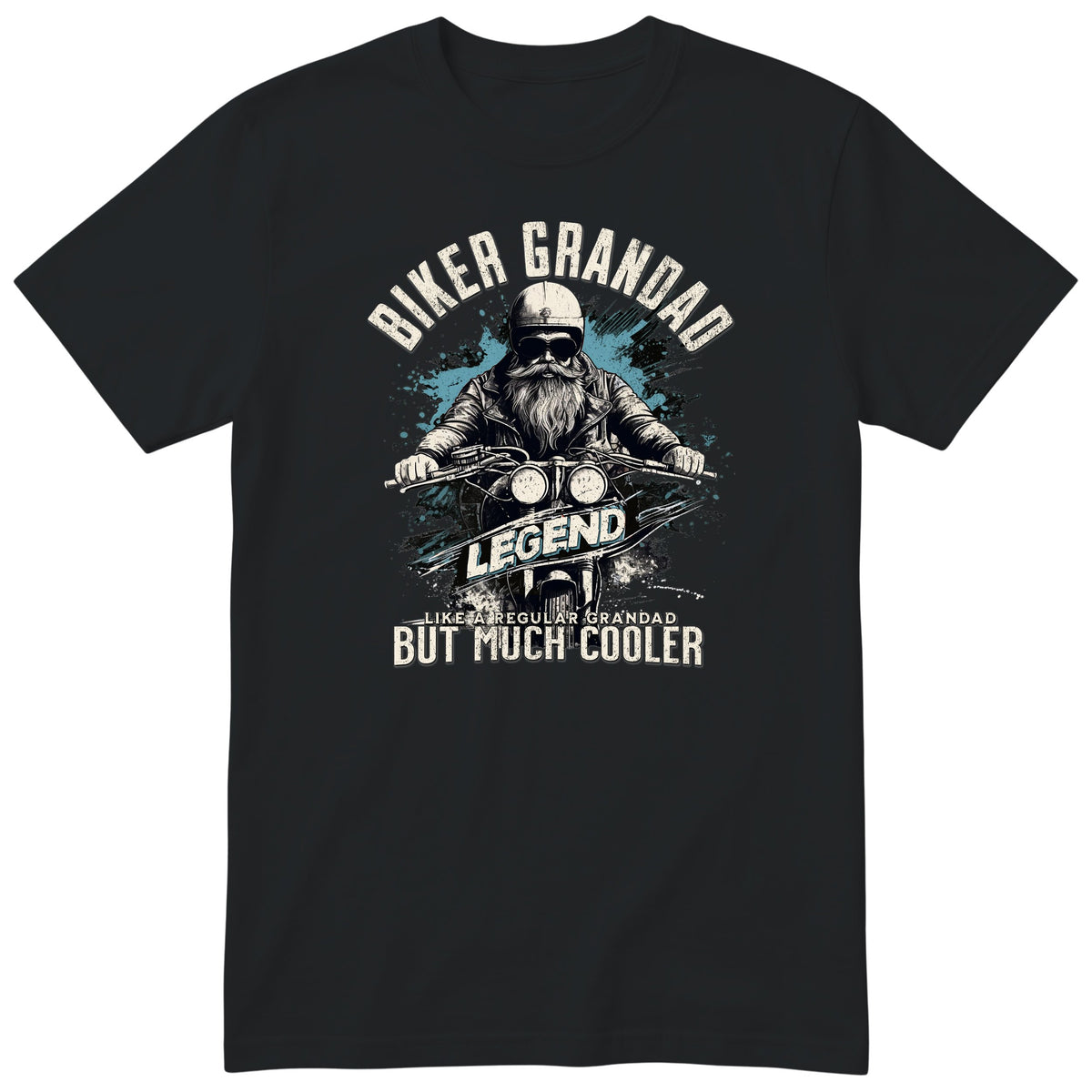 Black Biker Grandad Legend T-Shirt t-shirt - bearded biker in a helmet and sunglasses on a motorcycle, the word LEGEND and a blue paint splash, gift for grandad
