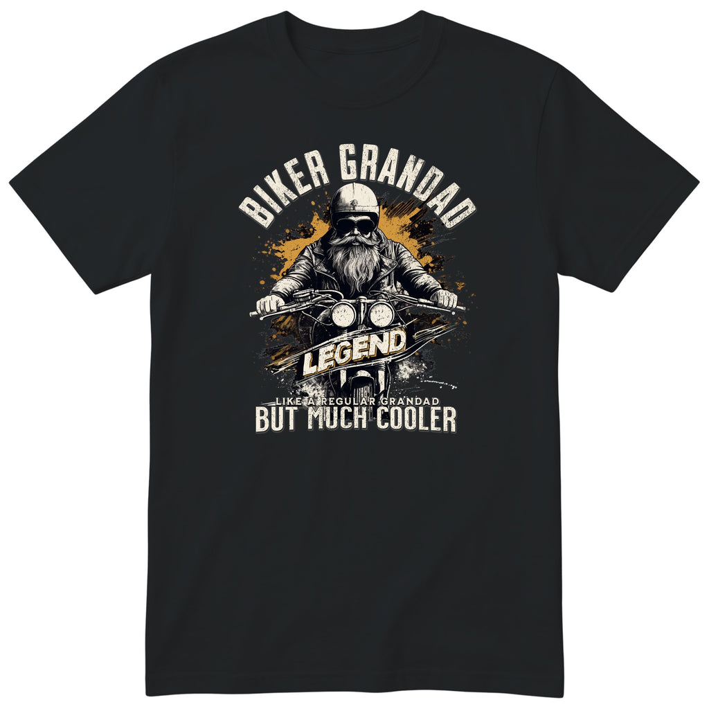 Black Biker Grandad Legend Shirt t-shirt - bearded biker in a helmet and sunglasses on a motorcycle, the word LEGEND and a orange paint splash, gift for grandad