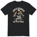 Black Biker Grandad Legend Shirt t-shirt - bearded biker in a helmet and sunglasses on a motorcycle, the word LEGEND and a orange paint splash, gift for grandad