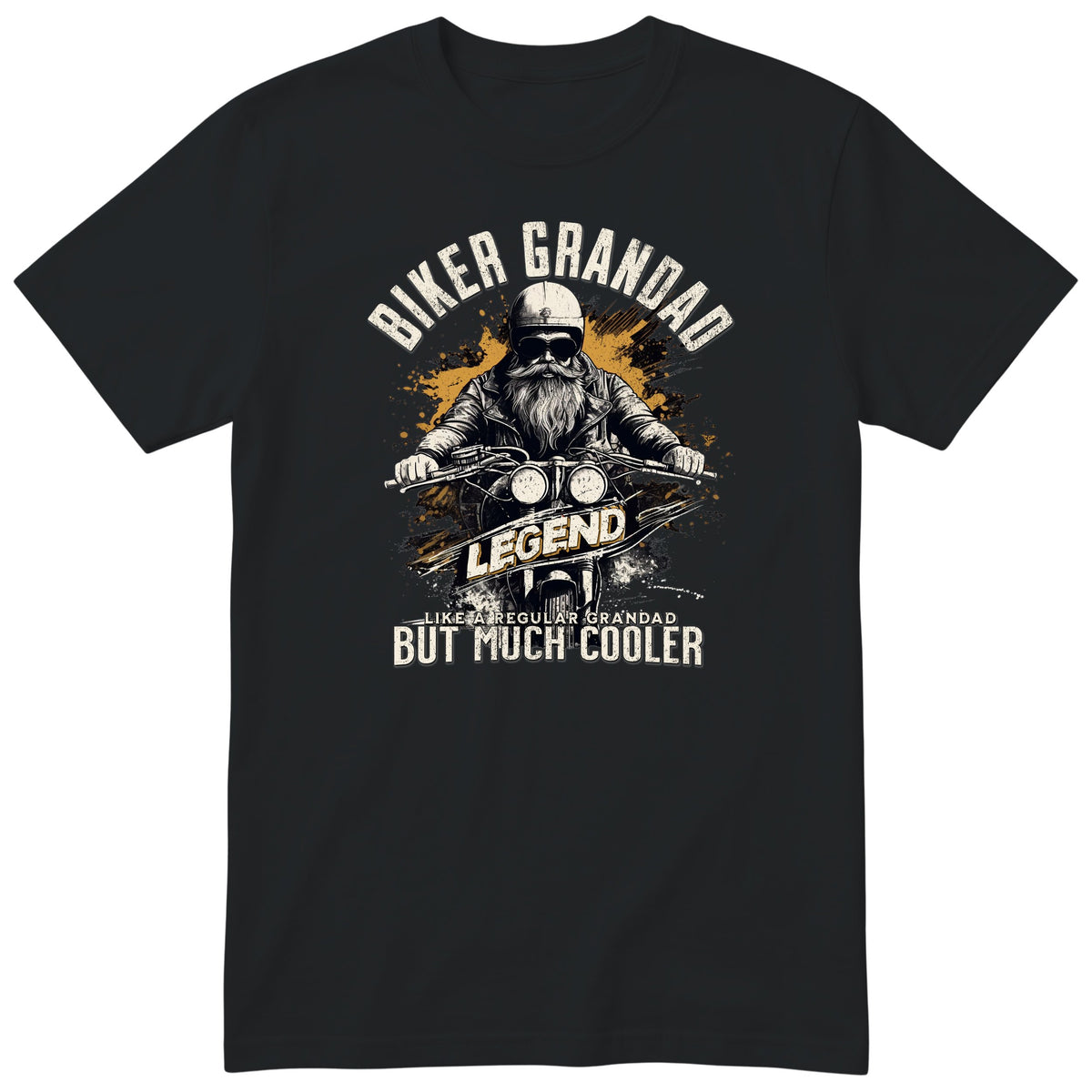 Black Biker Grandad Legend Shirt t-shirt - bearded biker in a helmet and sunglasses on a motorcycle, the word LEGEND and a orange paint splash, gift for grandad