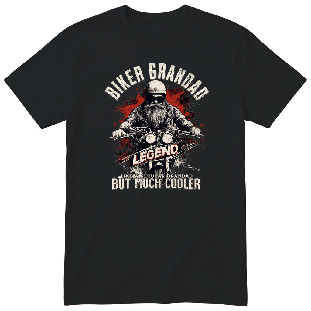 Black Biker Grandad Legend t-shirt - bearded biker in a helmet and sunglasses on a motorcycle, the word LEGEND and a red paint splash, gift for grandad