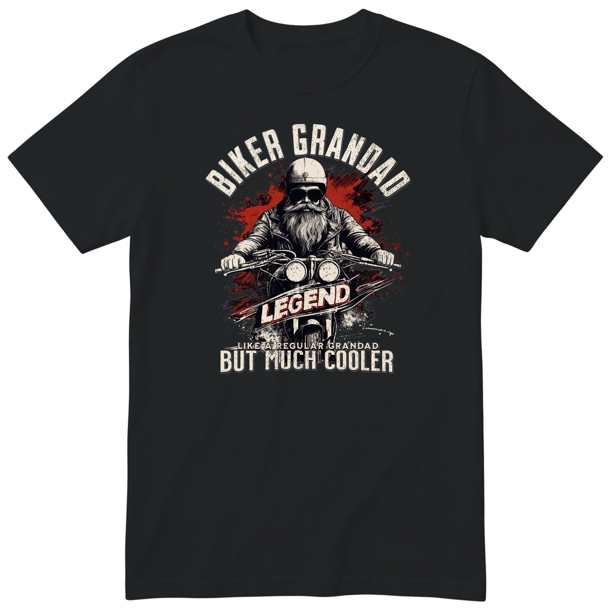 Black Biker Grandad Legend t-shirt - bearded biker in a helmet and sunglasses on a motorcycle, the word LEGEND and a red paint splash, gift for grandad