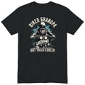 Black Biker Grandpa Legend T-Shirt t-shirt - bearded biker in a helmet and sunglasses on a motorcycle, the word LEGEND and a blue paint splash, gift for grandpa