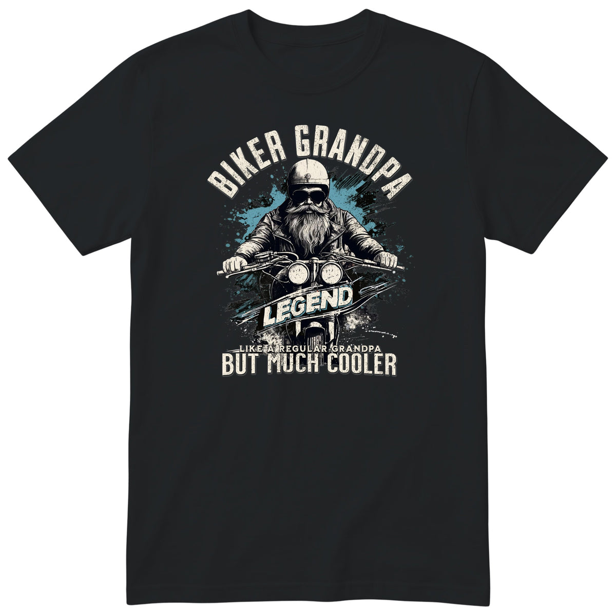 Black Biker Grandpa Legend T-Shirt t-shirt - bearded biker in a helmet and sunglasses on a motorcycle, the word LEGEND and a blue paint splash, gift for grandpa