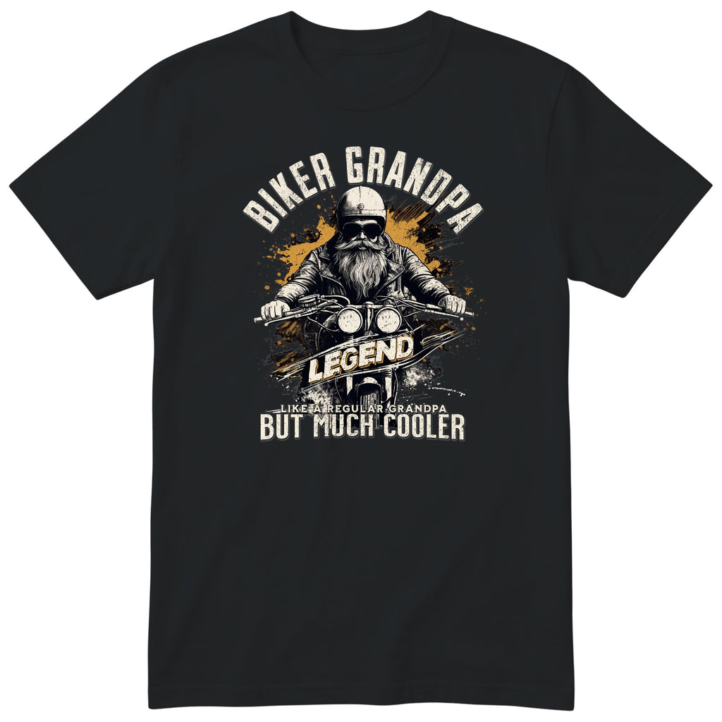 Black Biker Grandpa Legend Shirt t-shirt - bearded biker in a helmet and sunglasses on a motorcycle, the word LEGEND and a orange paint splash, gift for grandpa