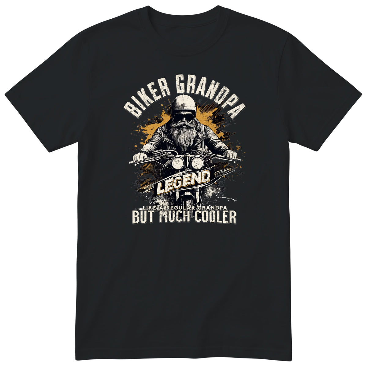 Black Biker Grandpa Legend Shirt t-shirt - bearded biker in a helmet and sunglasses on a motorcycle, the word LEGEND and a orange paint splash, gift for grandpa