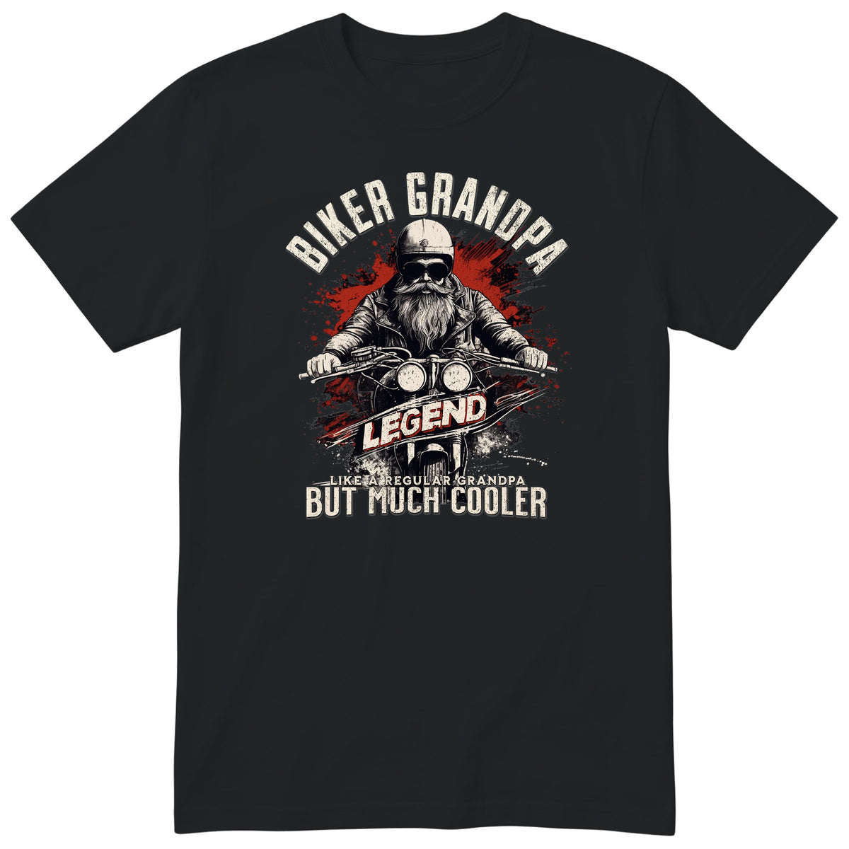 Black Biker Grandpa Legend t-shirt - bearded biker in a helmet and sunglasses on a motorcycle, the word LEGEND and a red paint splash, gift for grandpa