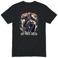 Black Biker Grandpa T-Shirt t-shirt - bearded biker in goggles on a chopper under a red banner, gift for grandpa