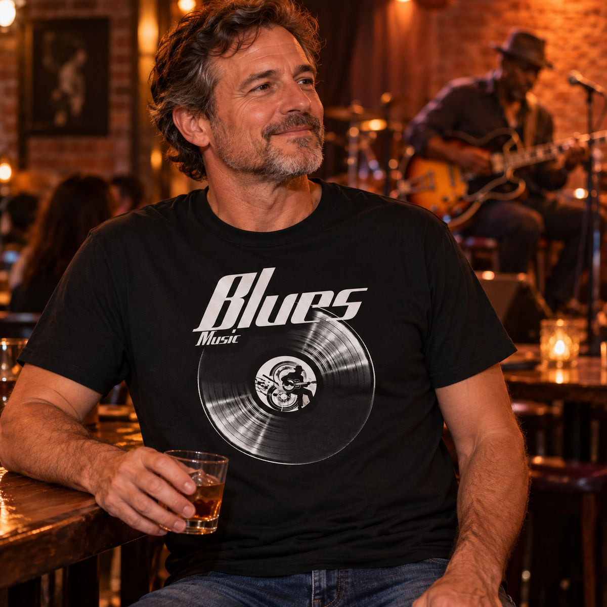 Blues Music Vinyl Records t-shirt in black - man with a glass of whisky in a bar while a guitarist plays live behind him, gift for blues fans