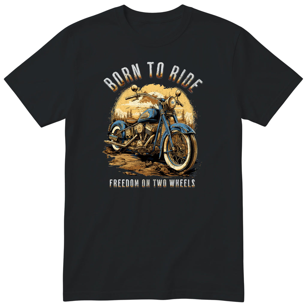 Black Born to Ride motorcycle t-shirt - blue vintage motorcycle on a dirt track with a forest sunset behind, gift for a biker