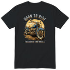 Black Born to Ride motorcycle t-shirt - blue vintage motorcycle on a dirt track with a forest sunset behind, gift for a biker