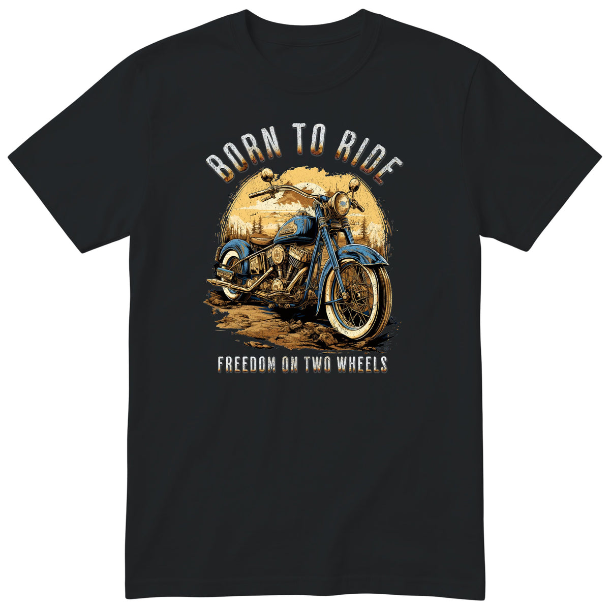 Black Born to Ride motorcycle t-shirt - blue vintage motorcycle on a dirt track with a forest sunset behind, gift for a biker