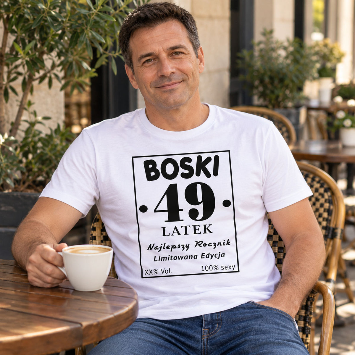 Mężczyzna w białej koszulce „Boski 49-latek” - personalizowany prezent na urodziny dla niego