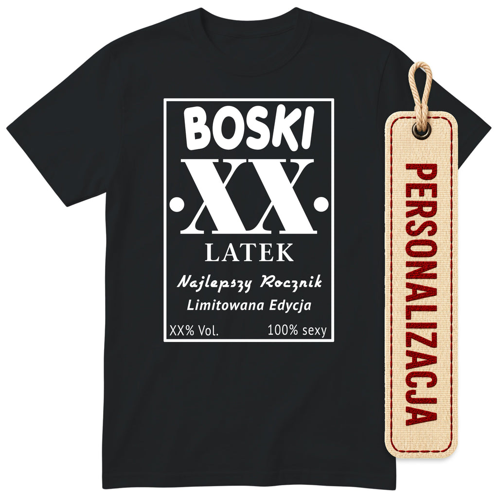 Czarna koszulka „BOSKI LATEK” - podgląd personalizacji, wiek wpisujesz przy zamówieniu